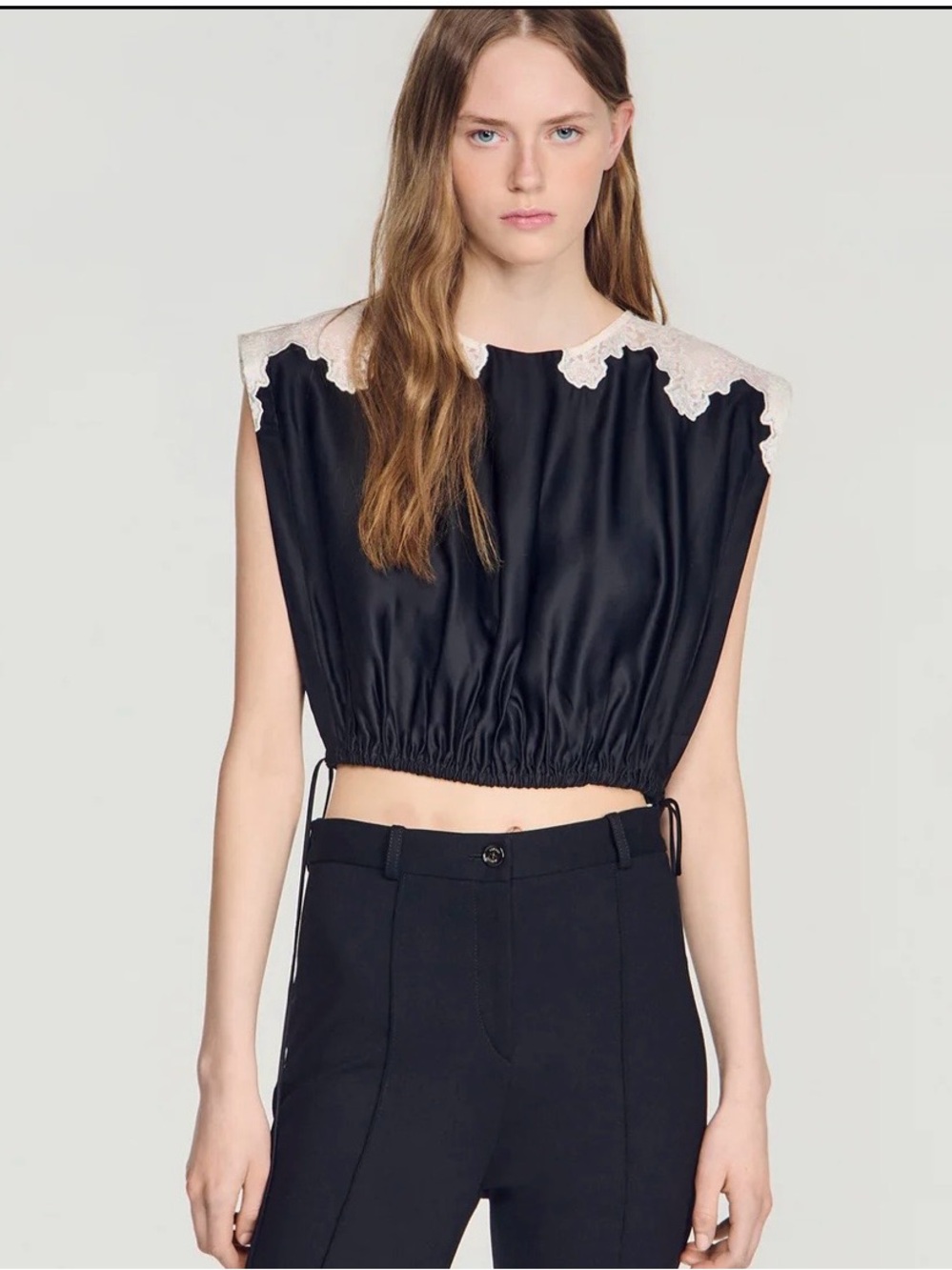 Sandro poesíe Cropped Black Satin Lace-Trim Top